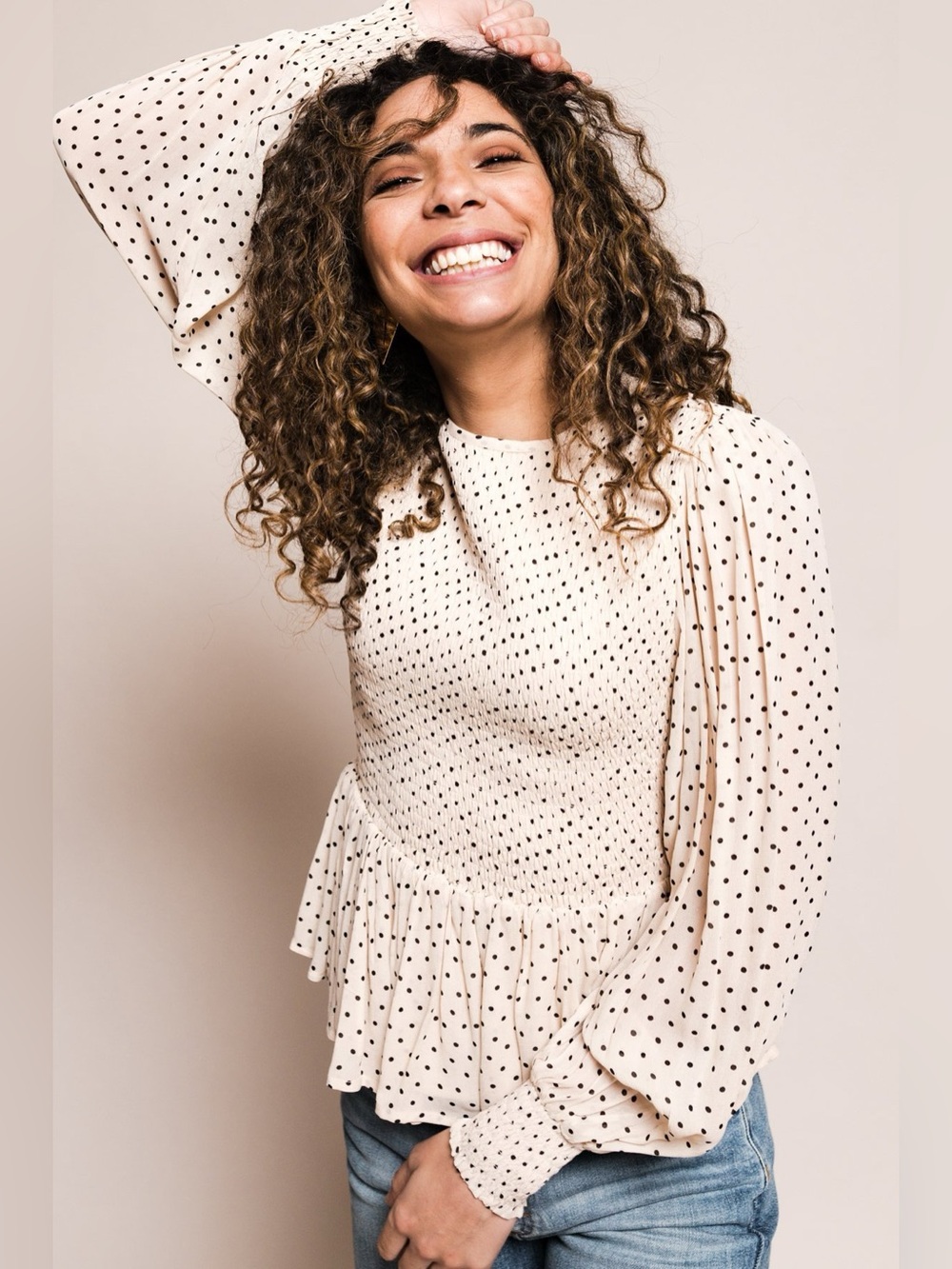 GANNI Printed Georgette Smock Blouse Polka Dot Peplum Top EU 34 $190